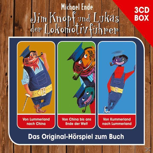 Buchcover: drei Cartoon-Bilder eines Jungen und eines Zuges. Text: Jim Knopf und Lukas der Lokomotivführer.