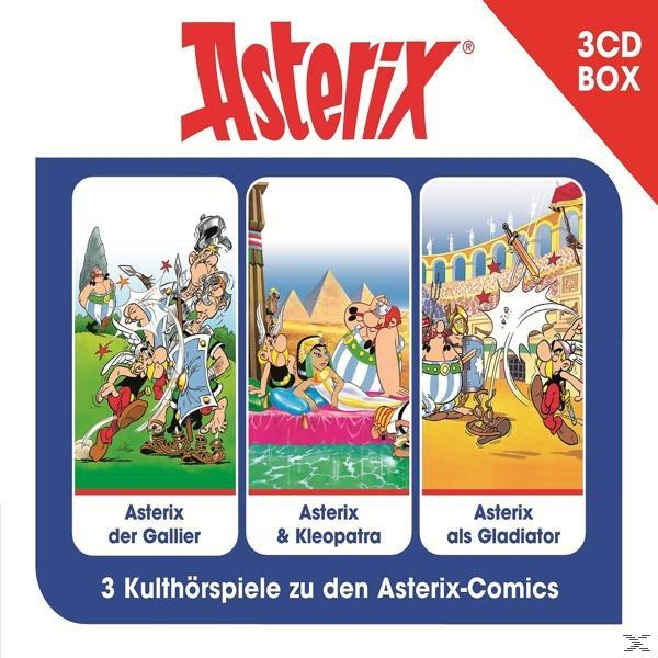 Albumcover mit drei Asterix-Comic-Covern. Text auf Französisch.