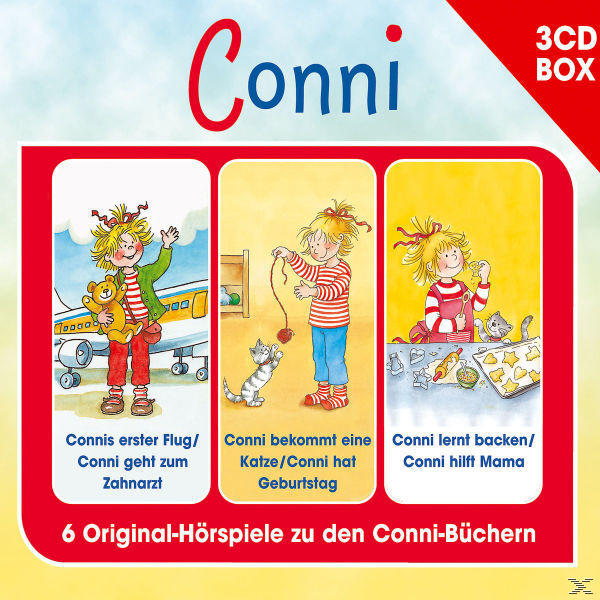Conni-Buchcover mit drei Cartoon-Illustrationen.
