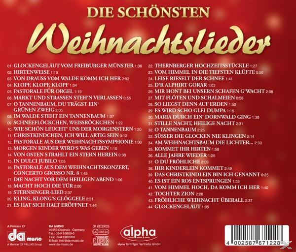 Albumcover mit Weihnachtsliedern. Text in Rot und Weiß mit Trackliste.