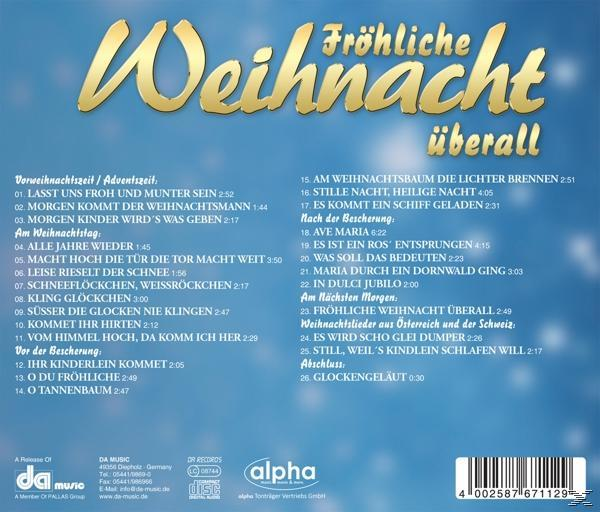 Albumcover mit dem Text 'Fröhliche Weihnacht überall' in Gold und Weihnachtsmotto.
