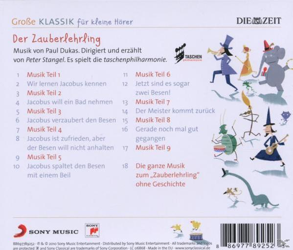 Rückseite einer Kinder-Musik-CD-Hülle mit Titeln und Illustrationen.