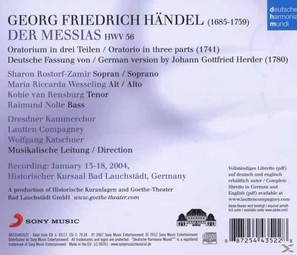 Rückseite eines CD-Covers für Händels Messias. Text mit Musikern und Aufnahmedetails. Gelb.