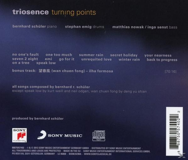 CD-Cover: 'trio sense turning points' mit Titelliste und den Namen der Musiker.