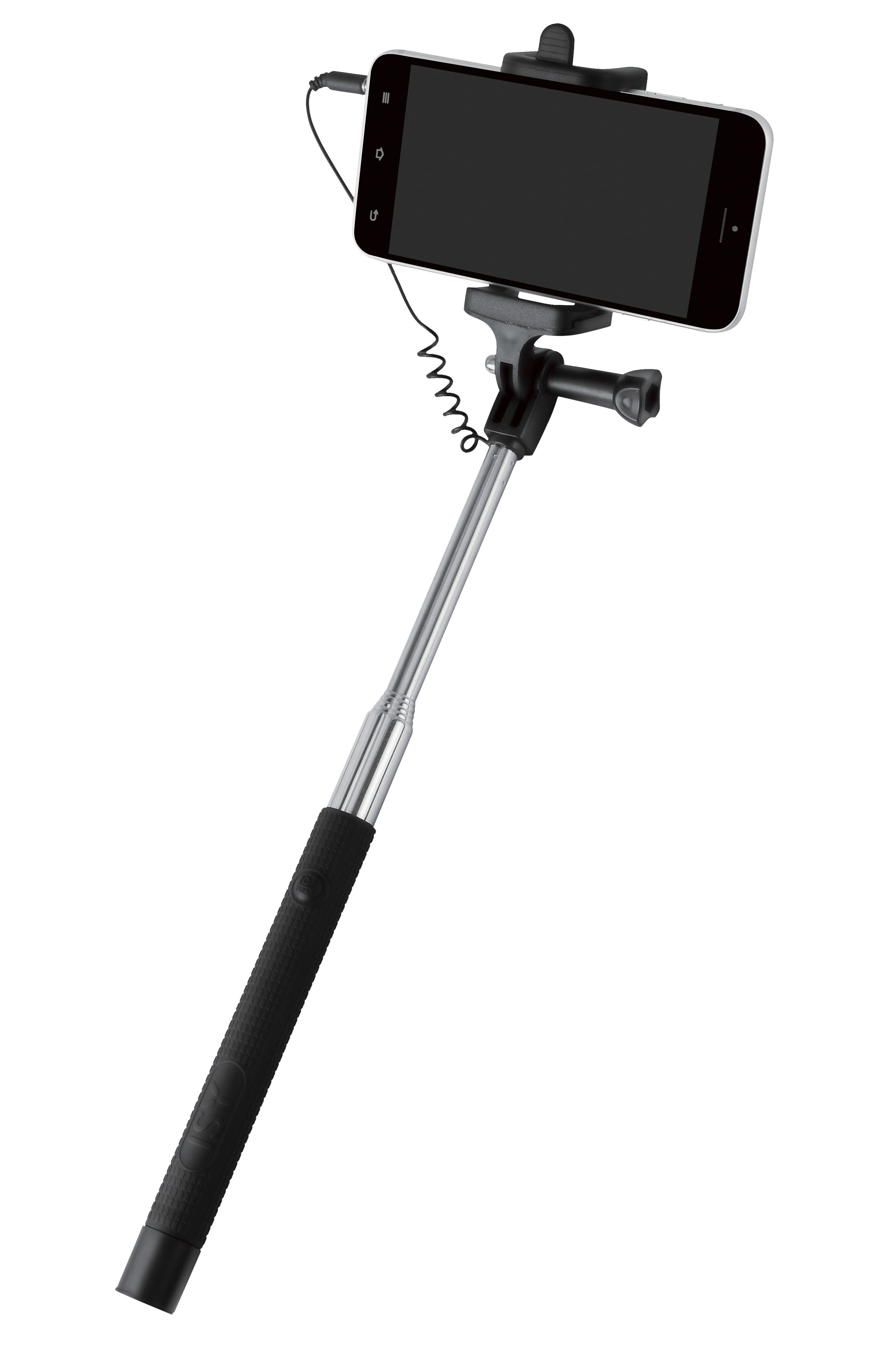 Ein schwarzer Selfie-Stick mit einem Telefon befestigt. Es ist ausgezogen. Hat einen schwarzen Griff.