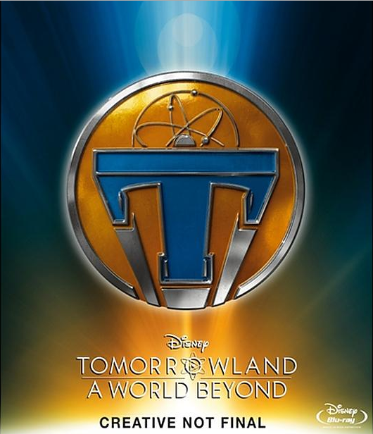 Blu-ray-hoes met Disney's Tomorrowland-logo en tekst op een blauwe achtergrond.