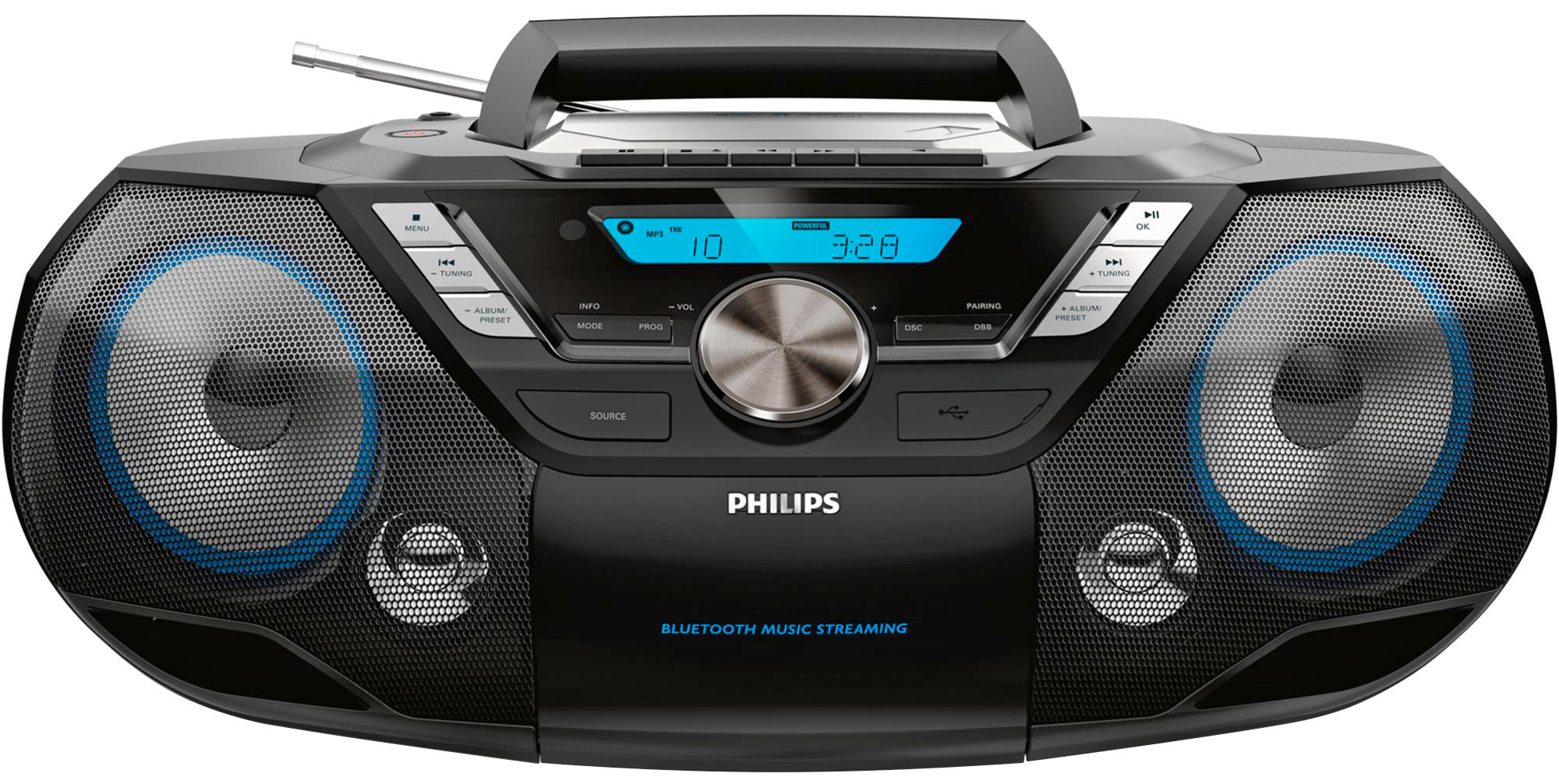 Boombox Philips noire et grise avec lumières bleues pour haut-parleurs. Boutons et écran visibles.