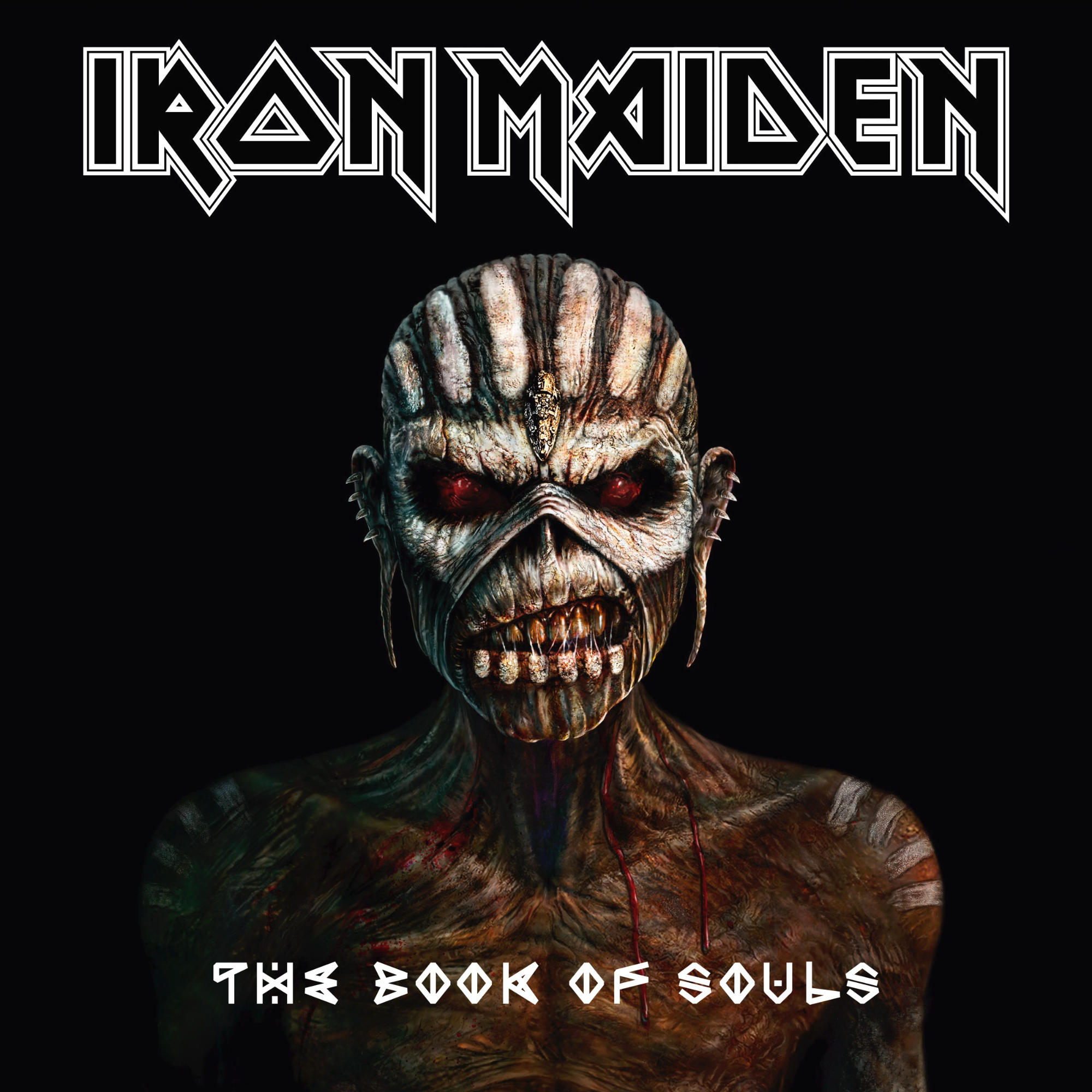 Iron Maiden Albumcover mit einer skelettartigen Figur mit roten Augen.
