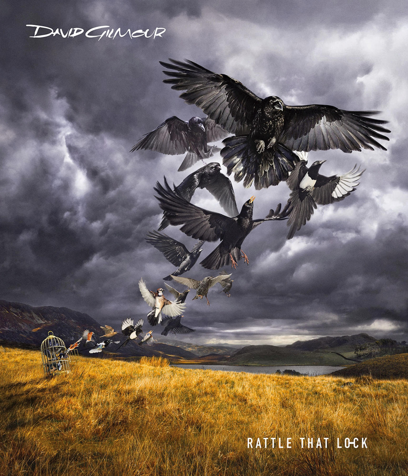 Album borító. Madarak repülnek ki egy ketrecből egy mező felett. Sötét felhők a hegyek és egy tó felett. David Gilmour, Rattle That Lock.