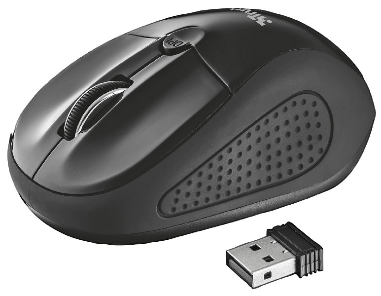 Souris sans fil noire avec molette de défilement et récepteur USB. La souris a un côté texturé.