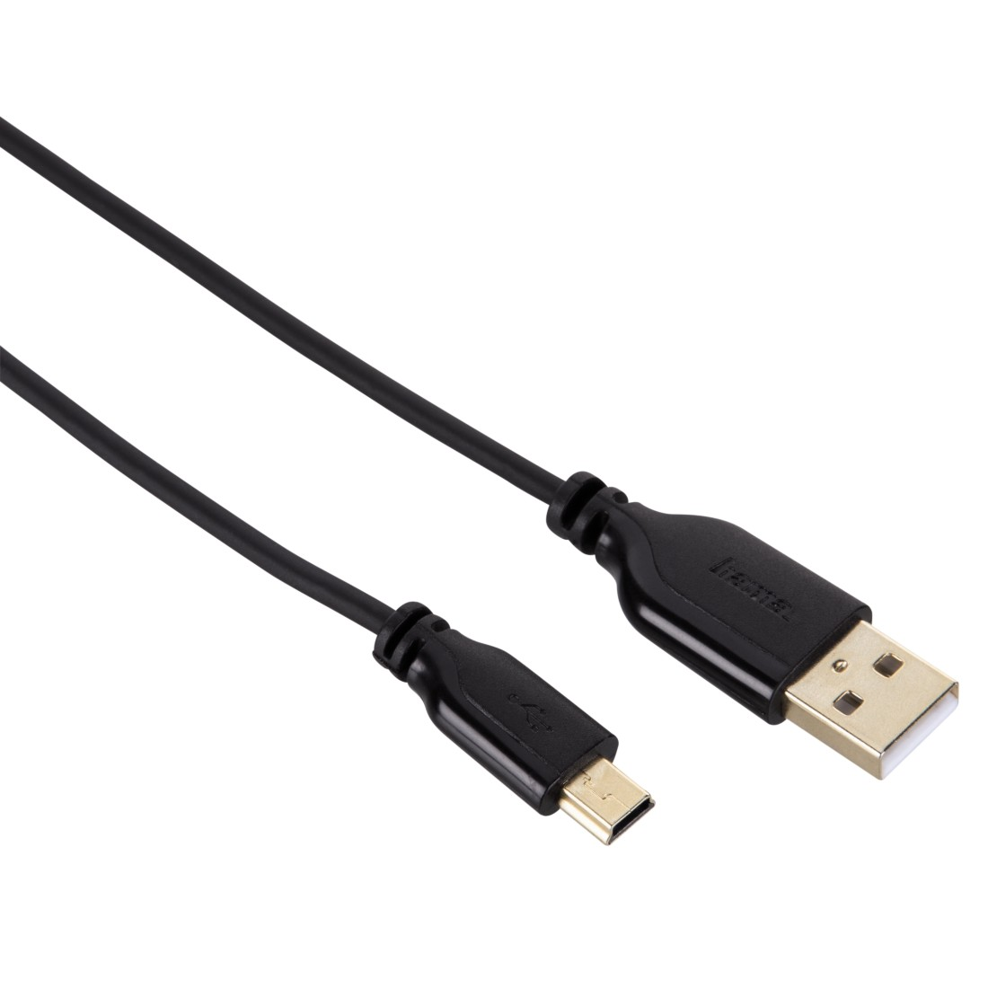 Câble USB noir avec connecteurs USB-A et USB-C, sur surface blanche, isolé.