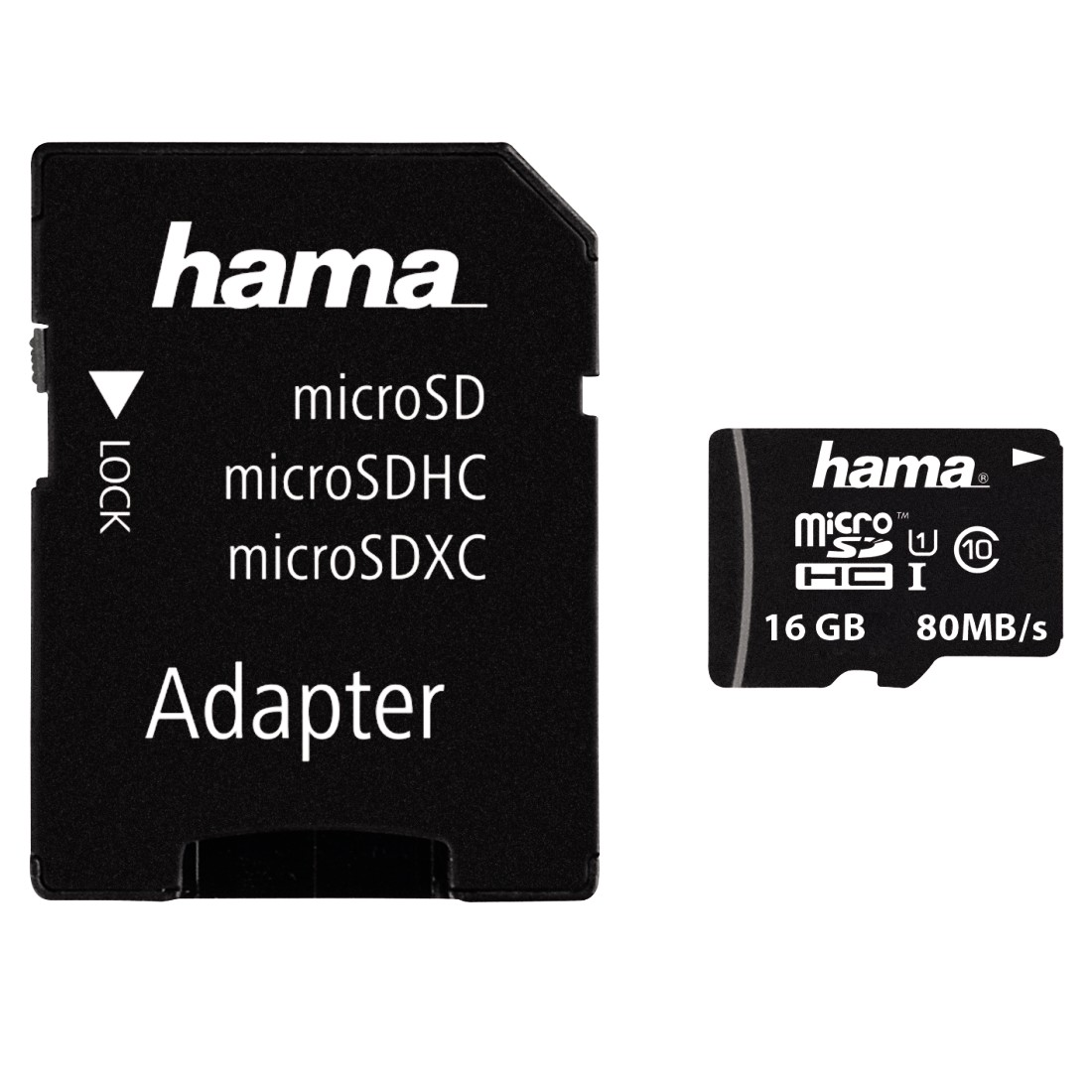 Schwarzer Hama-Adapter mit microSD-Karte. Texte: microSD, microSDHC, microSDXC. Kleine Karte: 16GB, 80MB/s.