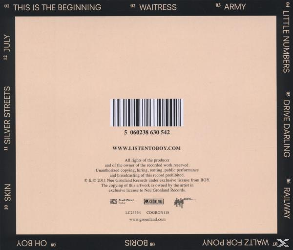 Rückseite eines Albums mit Titelliste und Barcode. Enthält einen beigen Hintergrund mit Text.