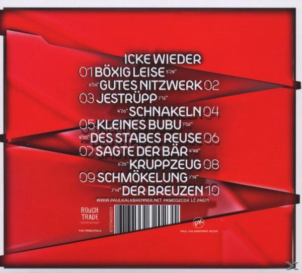Rückseite einer CD mit rotem Hintergrund, Text und Titelliste. Rough Trade und PK Logos.