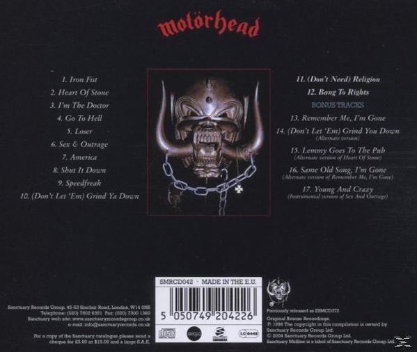 Album-Rückseite: Motörhead. Titelliste, Bandlogo und ein Totenkopfbild. Dunkler Hintergrund.