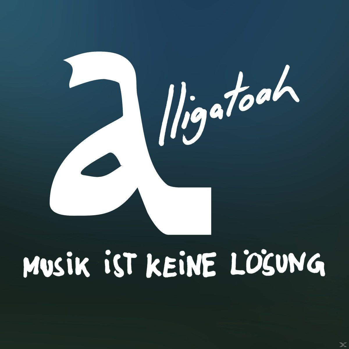 Dunkelblauer Hintergrund mit weißem Text. Das Wort 'Alligatoah' und 'Musik ist keine Lösung' sind sichtbar.