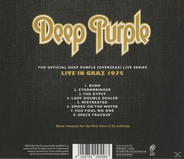 Deep Purple "Live in Graz 1975" Albumcover. Schwarzer Hintergrund mit Trackliste und Bandlogo.