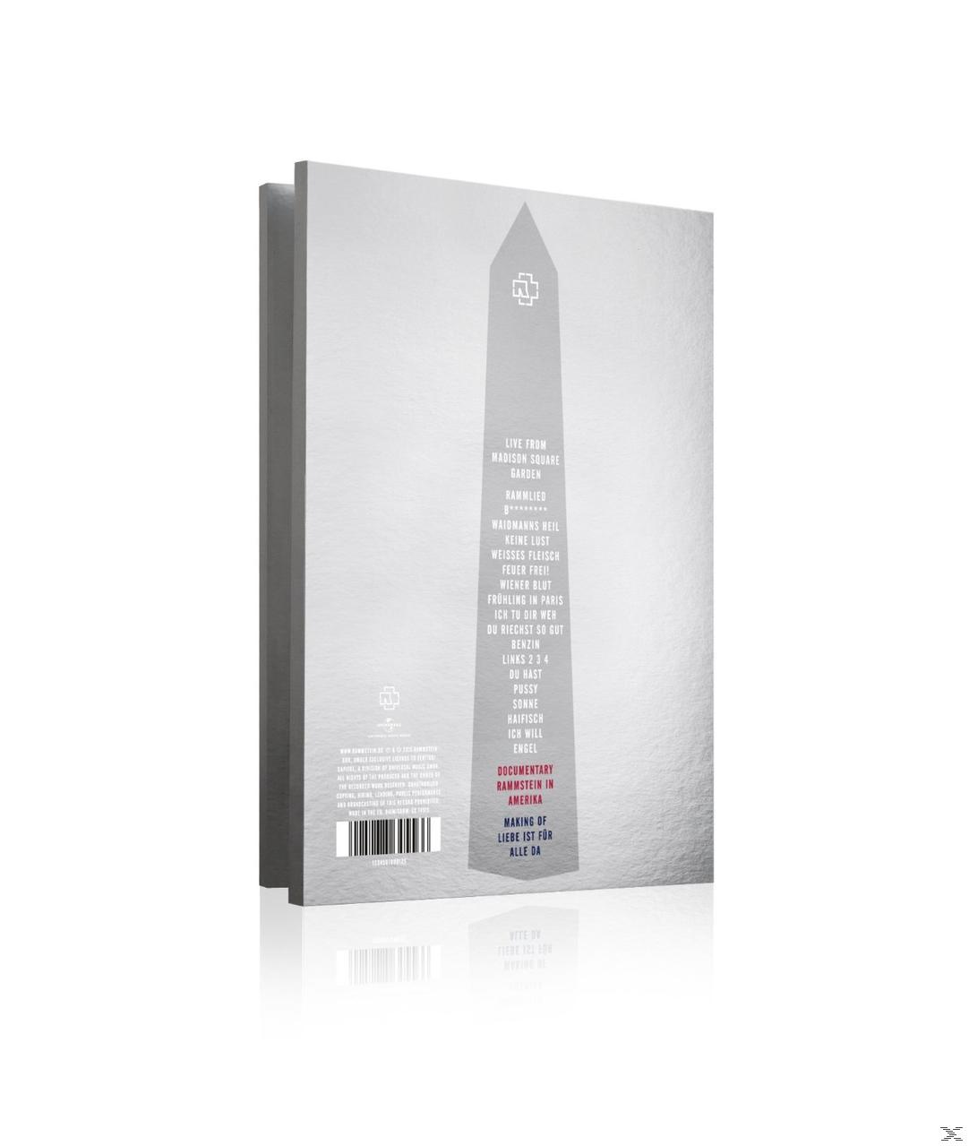 Buchcover für Rammstein, mit einem großen, grauen Obelisken. Der Text enthält Songtitel und 'Making of America'.