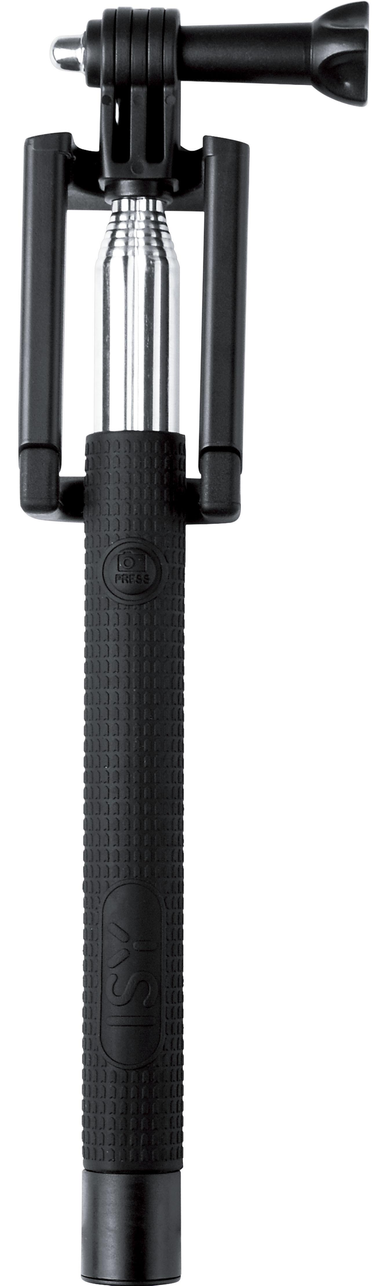 Ein schwarzer Selfie-Stick, ausgezogen und einsatzbereit. Der Griff ist für besseren Halt strukturiert.