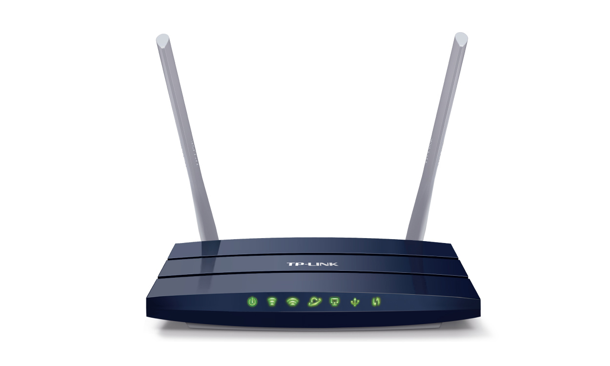 Ein TP-Link-Router mit zwei Antennen, die Vorderseite hat grüne Kontrollleuchten.