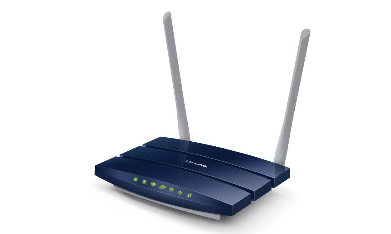 Ein blauer und schwarzer TP-Link Router mit zwei Antennen.
