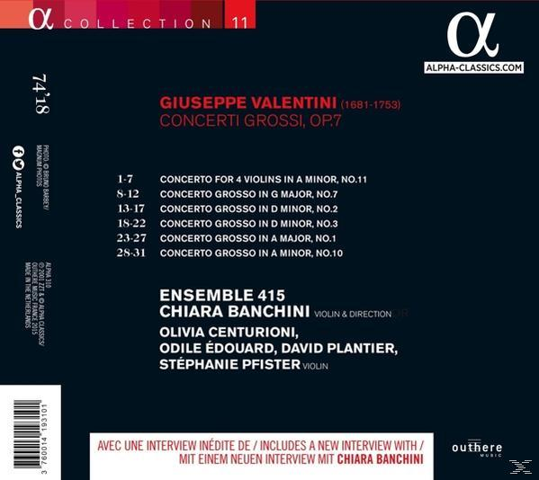 CD-Cover mit Musik von Giuseppe Valentini. Text, Ensemble 415 und Chiara Banchini sind sichtbar.