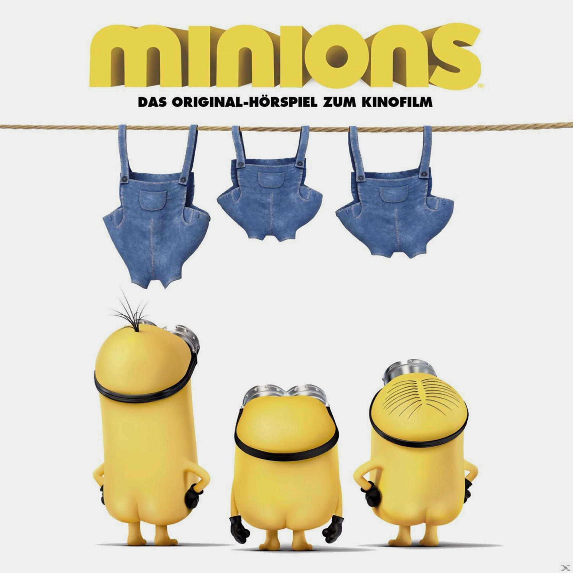 Filmcover: Gelbe Minions tragen Latzhosen. Drei Minions und drei Latzhosen hängen an einem Seil.