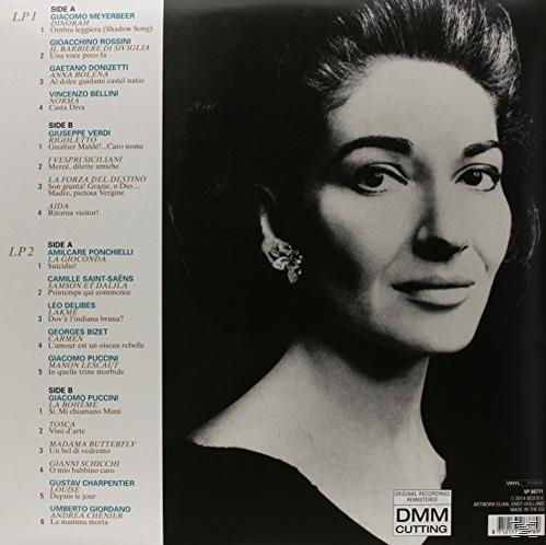 Album borítója egy nő portréjával és operák számlistájával. Fekete-fehér, szöveggel.