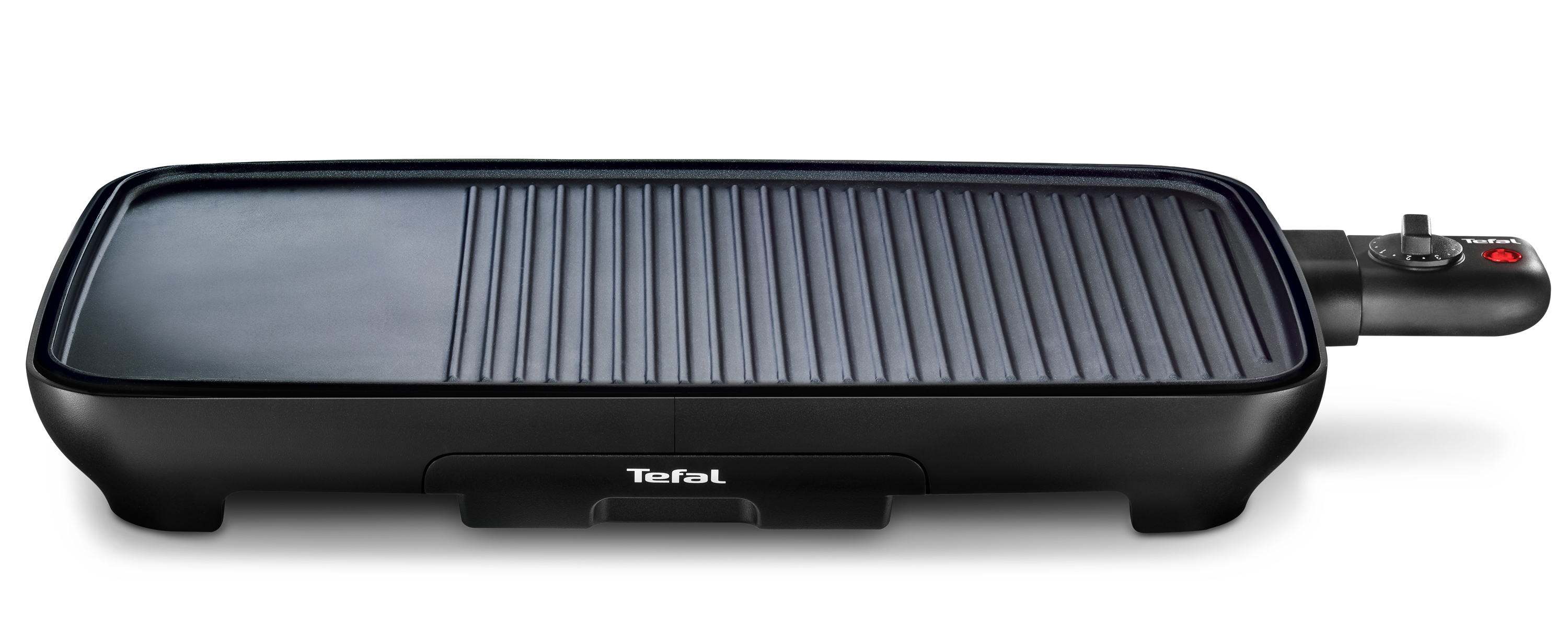 Schwarzer Tefal-Grill mit Kochfläche und Temperaturregler, auf weißem Hintergrund.