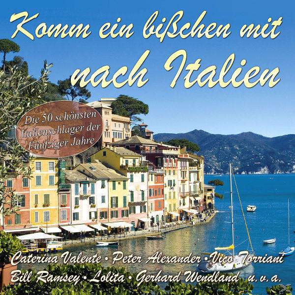 Farbenfrohe italienische Szene mit Text 'Komm ein bißchen mit nach Italien'.