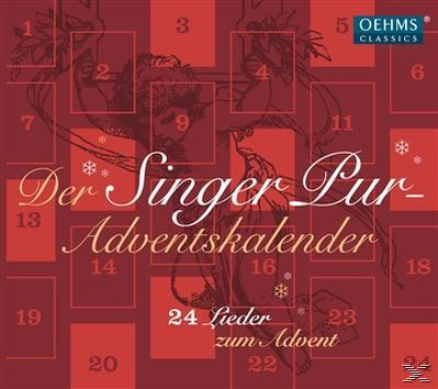 Roter Adventskalender mit Text: Der Singer Pur Adventskalender und Zahlen. Enthält eine Zeichnung im Hintergrund.