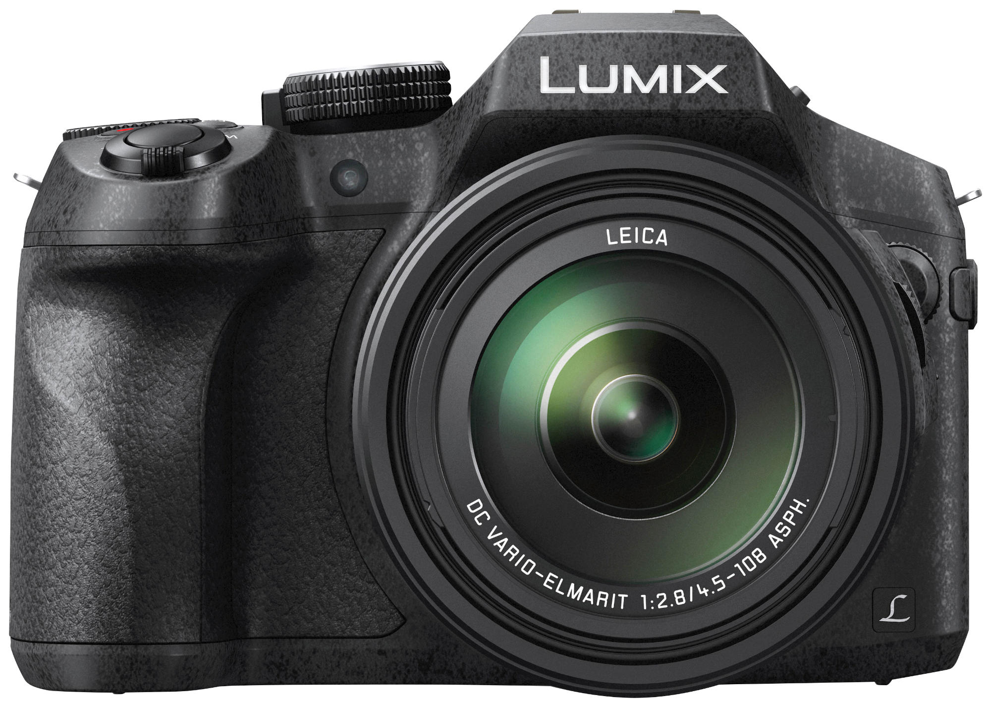 Fotocamera nera con obiettivo grande, anello argentato e testo LUMIX. Leica e altri dettagli sono visibili.