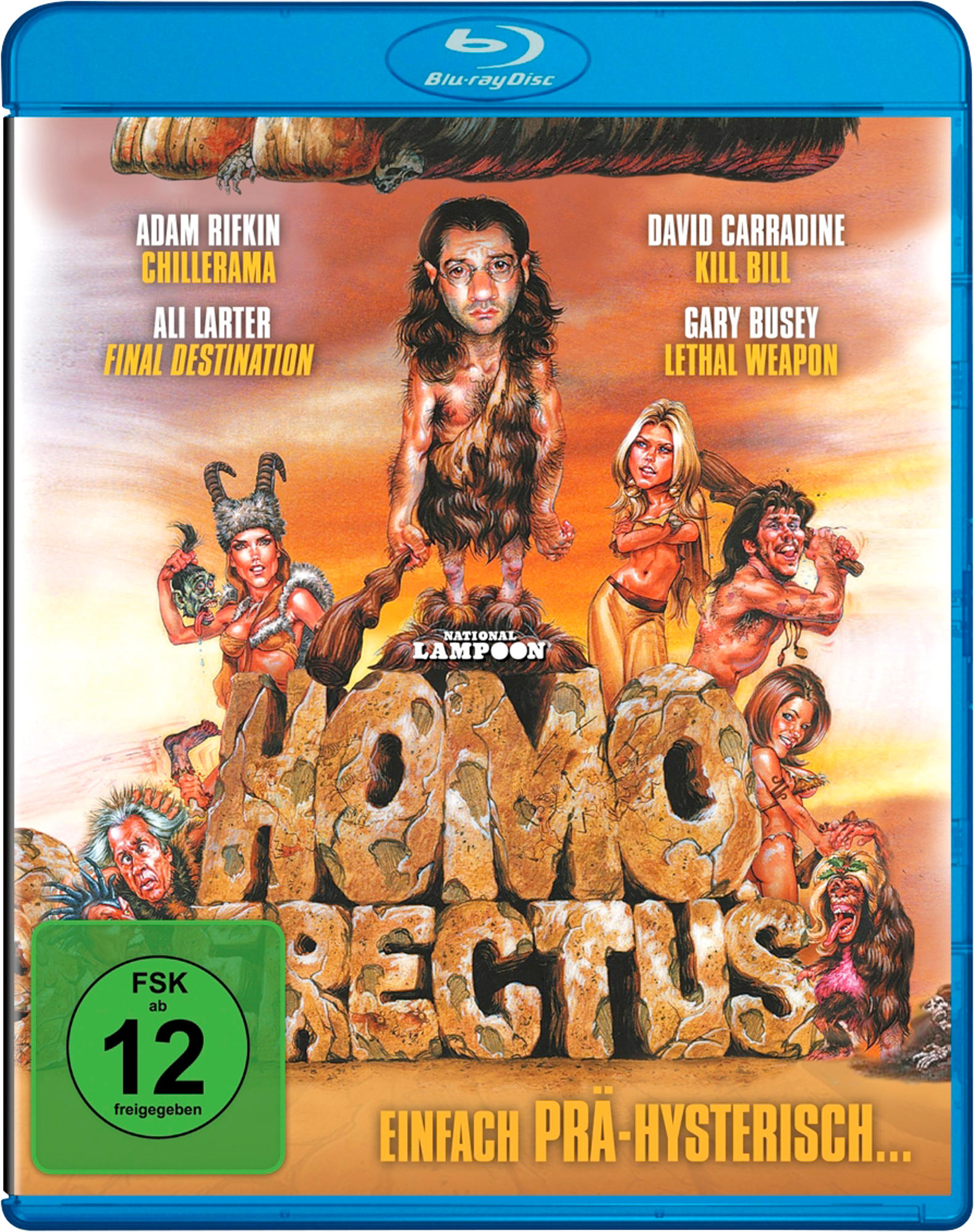 DVD-Cover: Höhlenmenschenfilm, Titel 'Homo Erectus', Schauspieler, blauer Hintergrund.