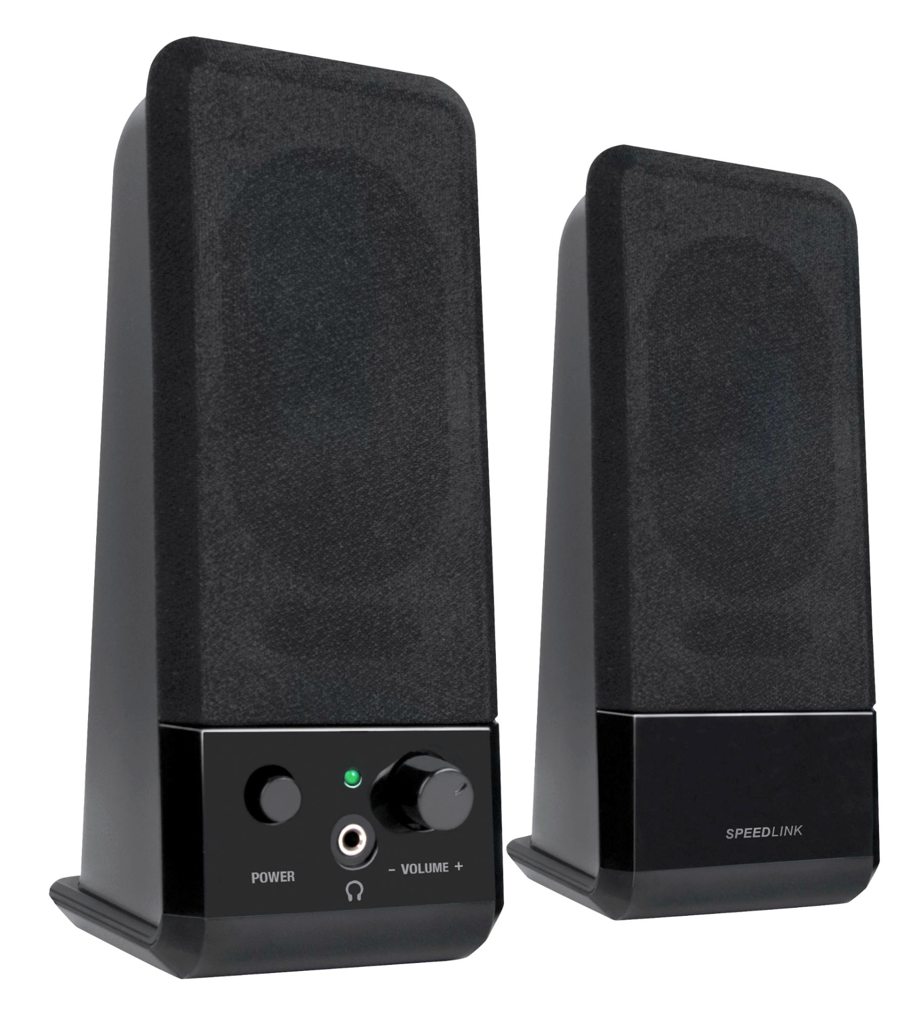 Deux enceintes noires avec panneau de commande, fond blanc.