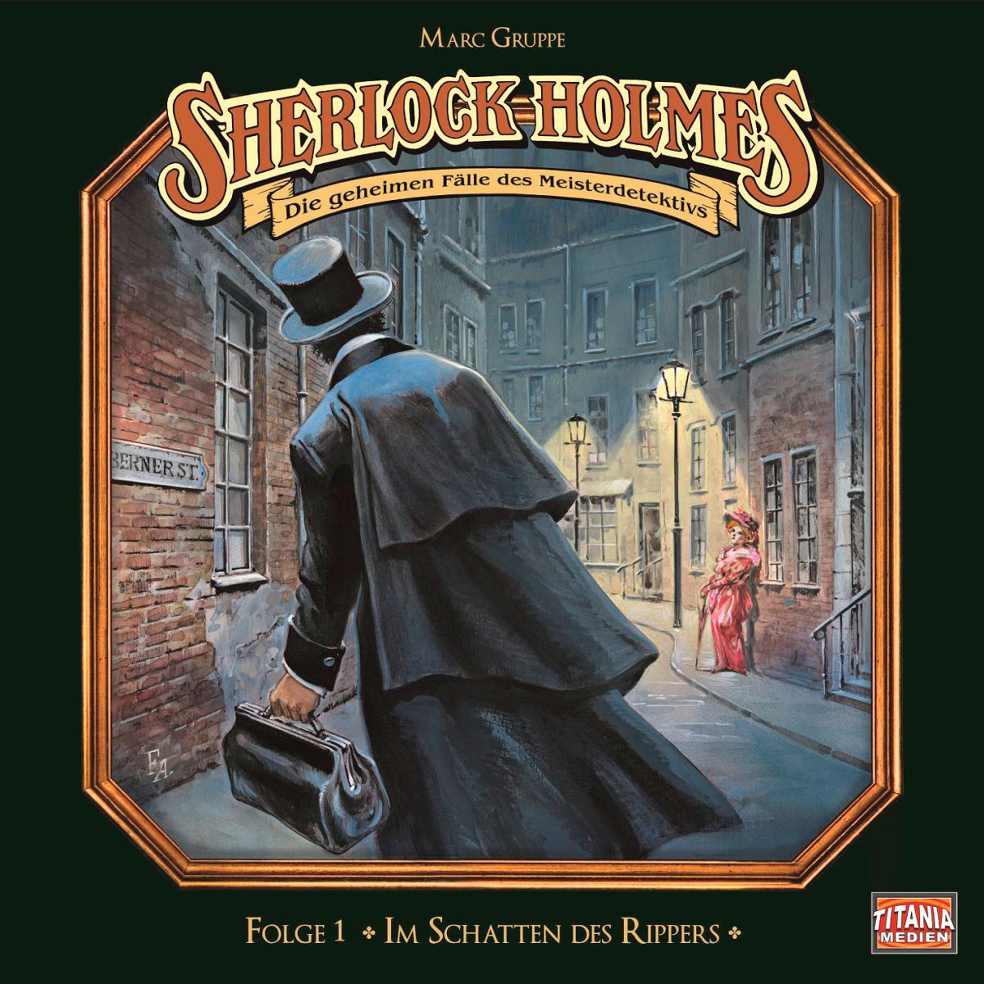 Brettspielkasten. Sherlock Holmes-Illustration auf der Vorderseite, Stadtstraßenszene. Dunkler Hintergrund.