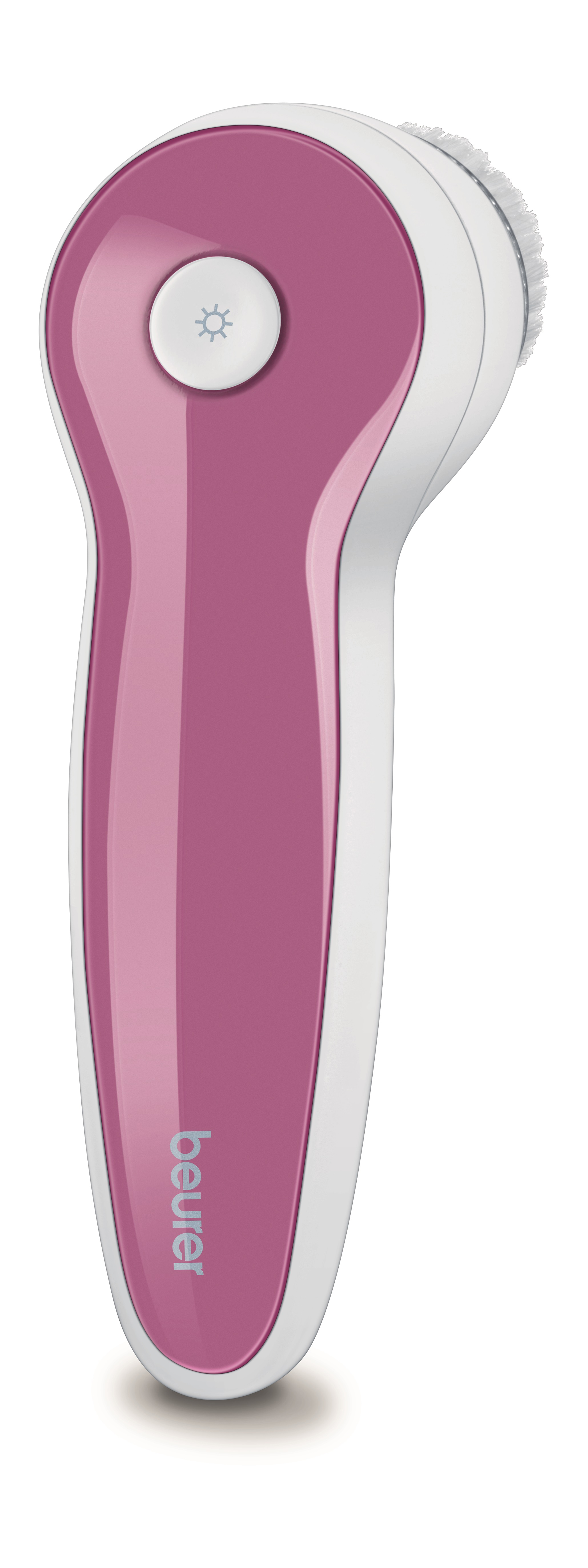 Elektrische Gesichtsbbürste in Pink und Weiß. Beurer Markenname. Weißer Hintergrund.