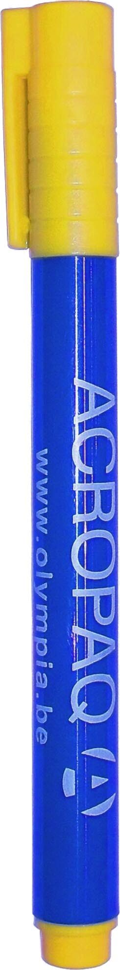 Een gele en blauwe marker met merknaam en website op de schacht.