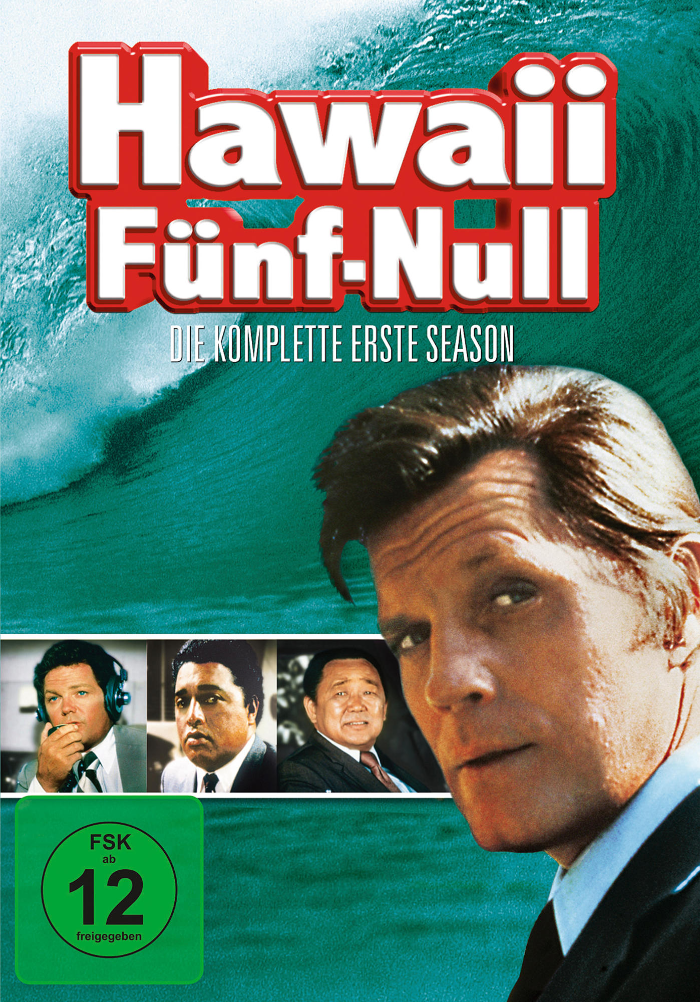 DVD-Cover von 'Hawaii Five-O' mit einem Mannsgesicht und drei kleineren Bildern darunter.