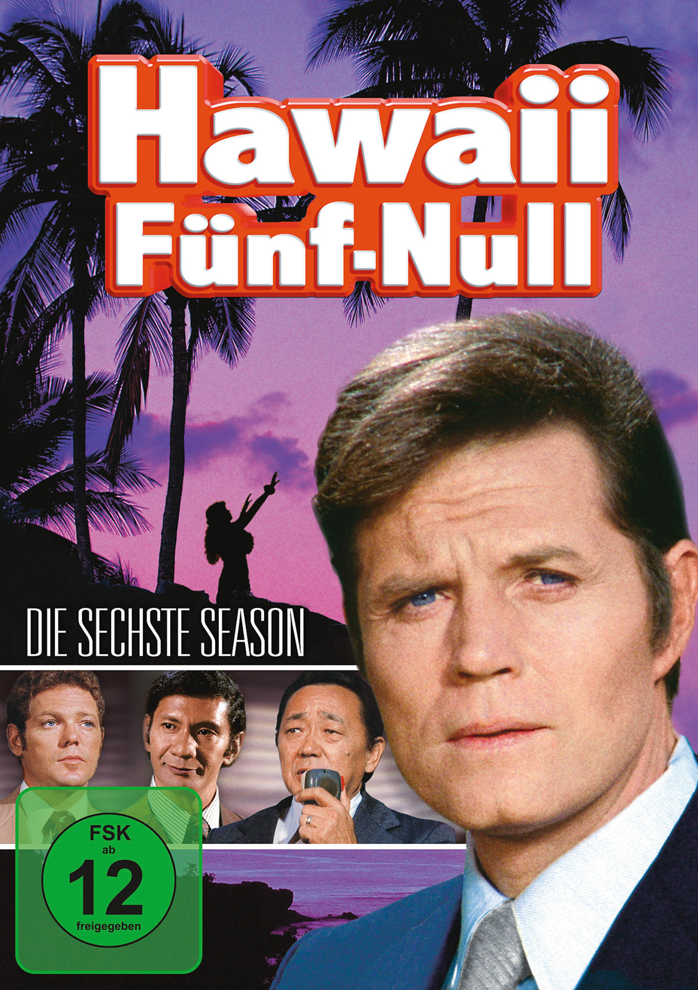 DVD-Cover von Hawaii Five-0 mit einem Männergesicht rechts und Palmen im Hintergrund.