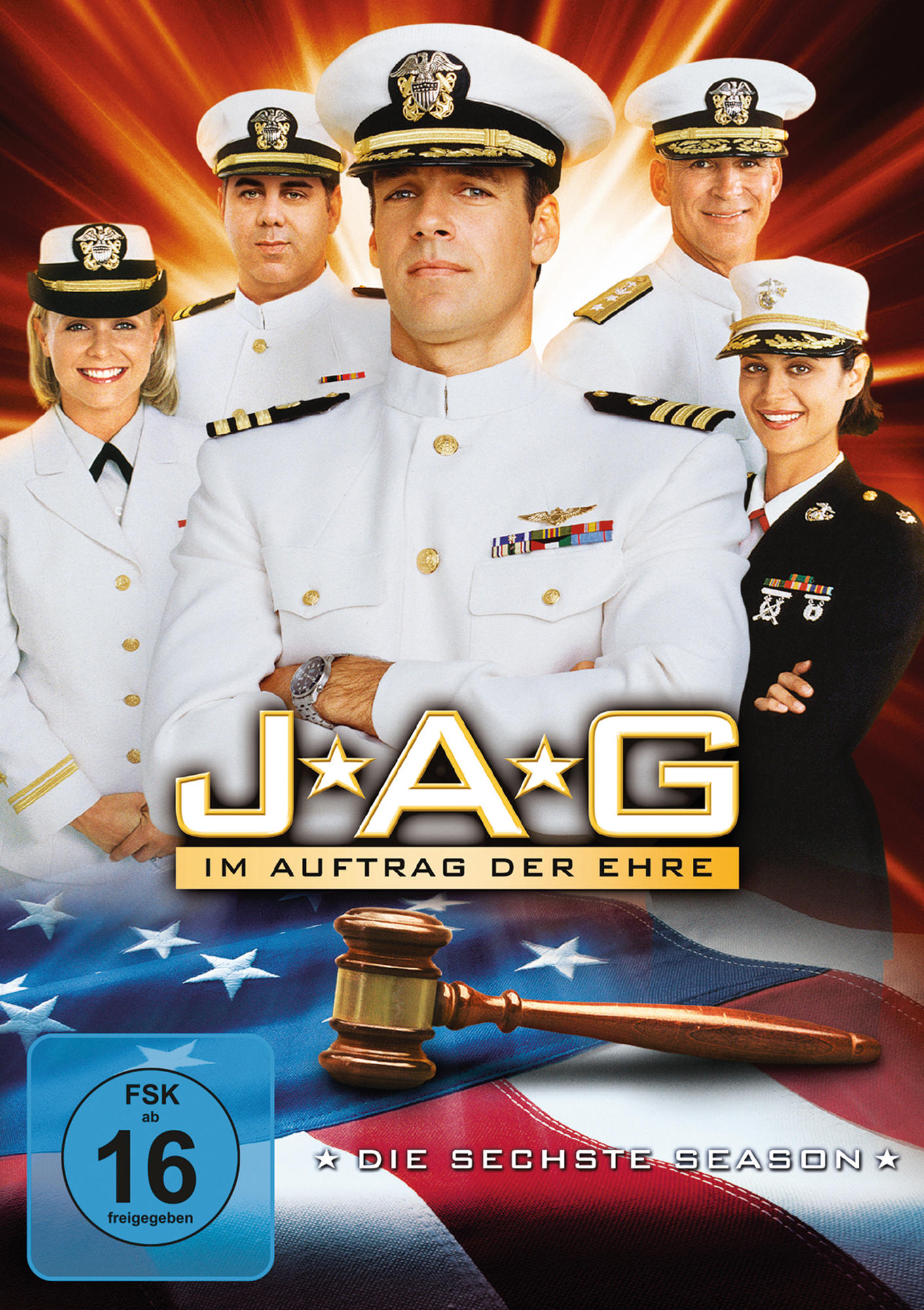 DVD-Cover von 'JAG', Gruppe von Marineoffizieren, amerikanische Flagge und Hammer.