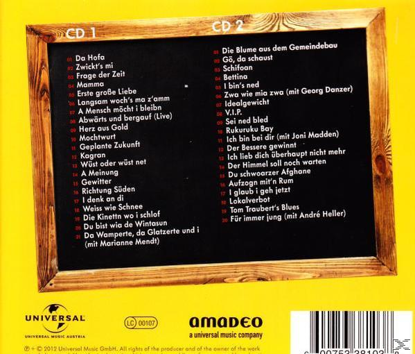 Album-Rückseite mit einem Design im Tafellook. Zwei Spalten mit Songtiteln sind sichtbar.