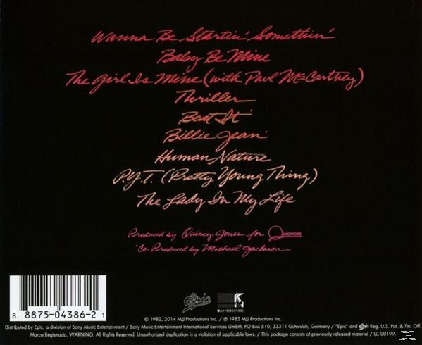 CD-Rückseite mit einer Liste der Songtitel. Der Künstler ist Michael Jackson.