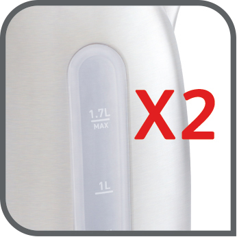 Nahaufnahme eines Edelstahlkessels mit Wasserstandsanzeige. Text 'X2' in Rot.
