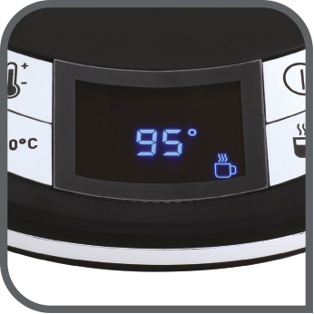 Nahaufnahme eines Wasserkocher-Displays mit 95 Grad und einem Kaffeetassen-Symbol.