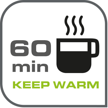 Schwarz-weiß-Grafik mit '60 min WARM HALTEN' und einem dampfenden Kaffeetassen-Symbol.