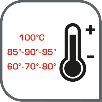 Thermometer-Symbol mit Temperaturangaben: 100°C, 85°-90°-95° und 60°-70°-80°. Plus- und Minuszeichen sind ebenfalls sichtbar.