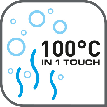 Bild zeigt '100°C in 1 Touch' mit Dampf und Blasen.