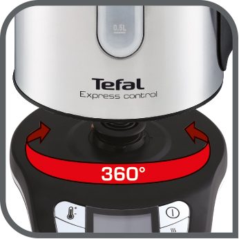 Ein silberner und schwarzer Tefal Express Control Wasserkocher steht auf einer schwarzen Basis mit 360° Drehung. Die Basis hat ein Digitaldisplay.