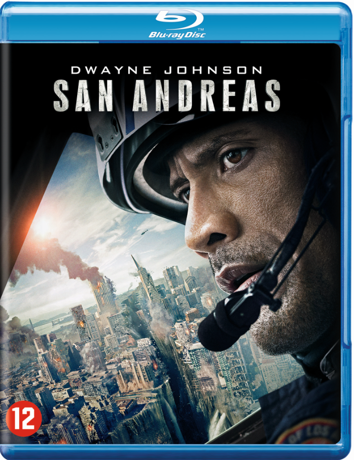 Disque Blu-ray avec Dwayne Johnson sur la couverture, dans une scène de catastrophe.