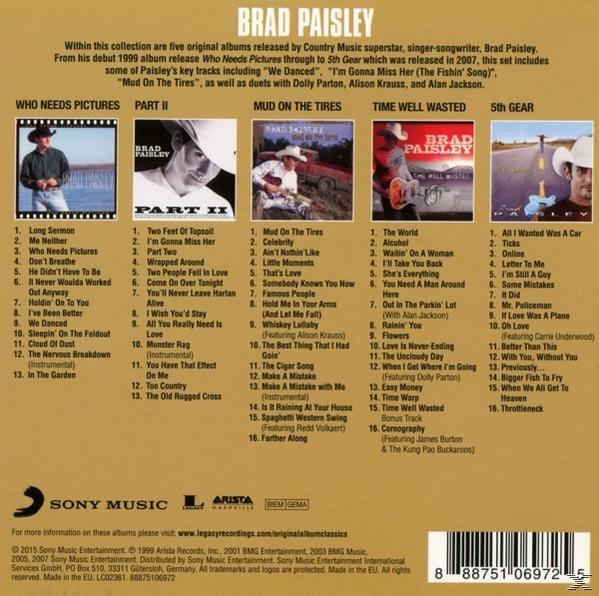 Albumcover: Brad Paisley, verschiedene Albumcover mit Titellisten und ein Foto von Brad Paisley.